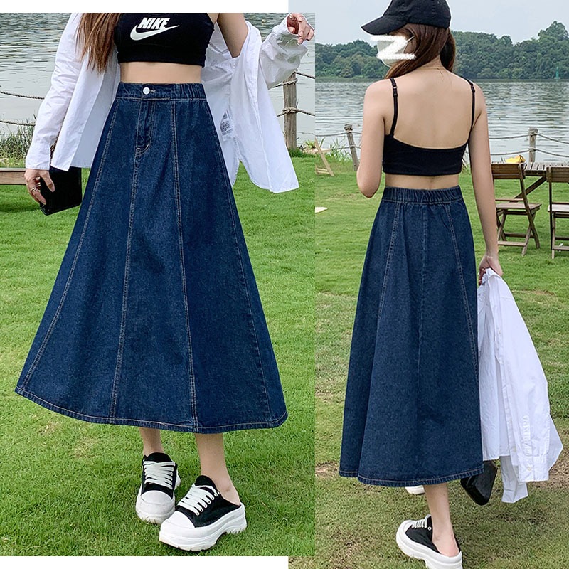 GHAOHES  กระโปรง ยาง เอว ยาง ยืด  สาวอวบ  วินเทจ🌈  S-2XL  กระโปรงยีนส์ ผญ