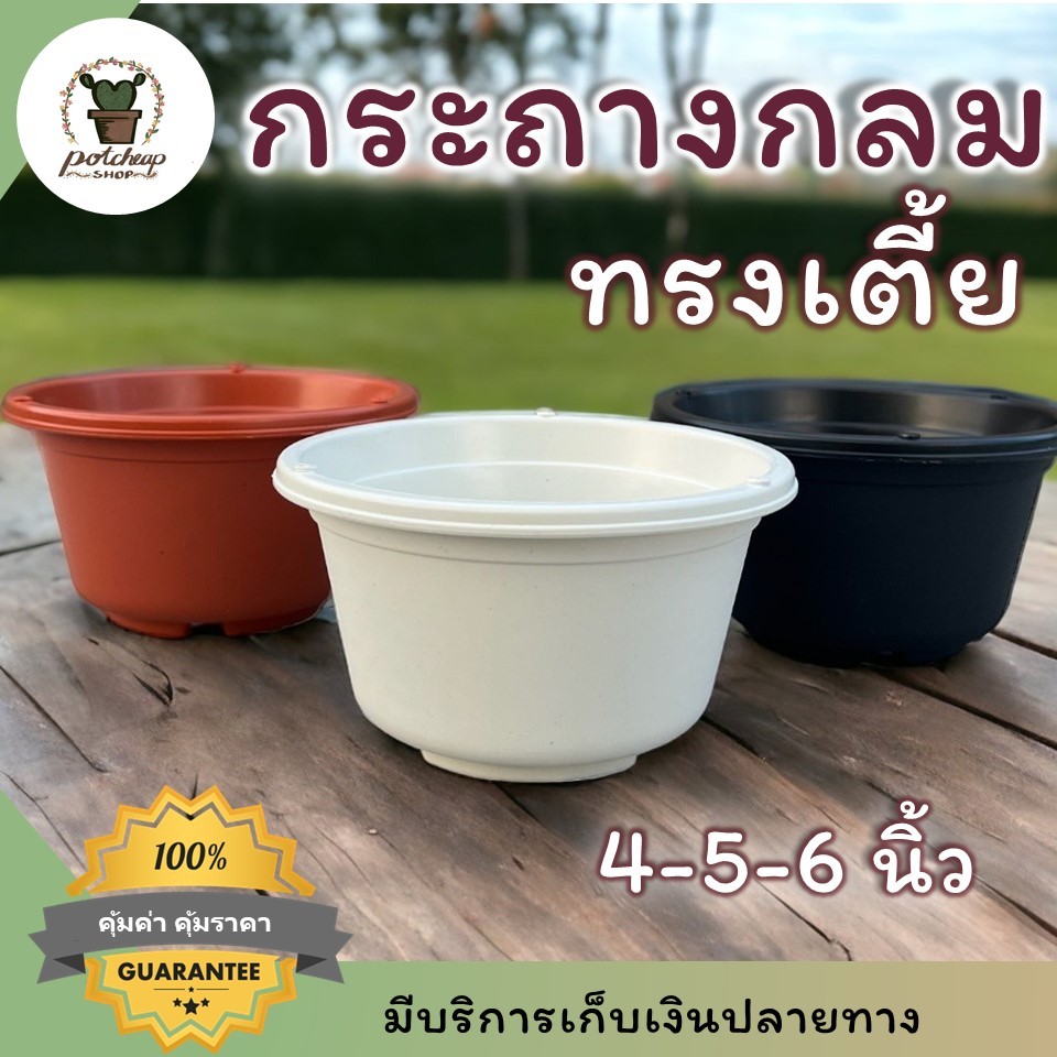 กระถางทรงกลมเตี้ย มีรูแขวน 4 5 6 นิ้ว สีขาว ดำ อิฐ