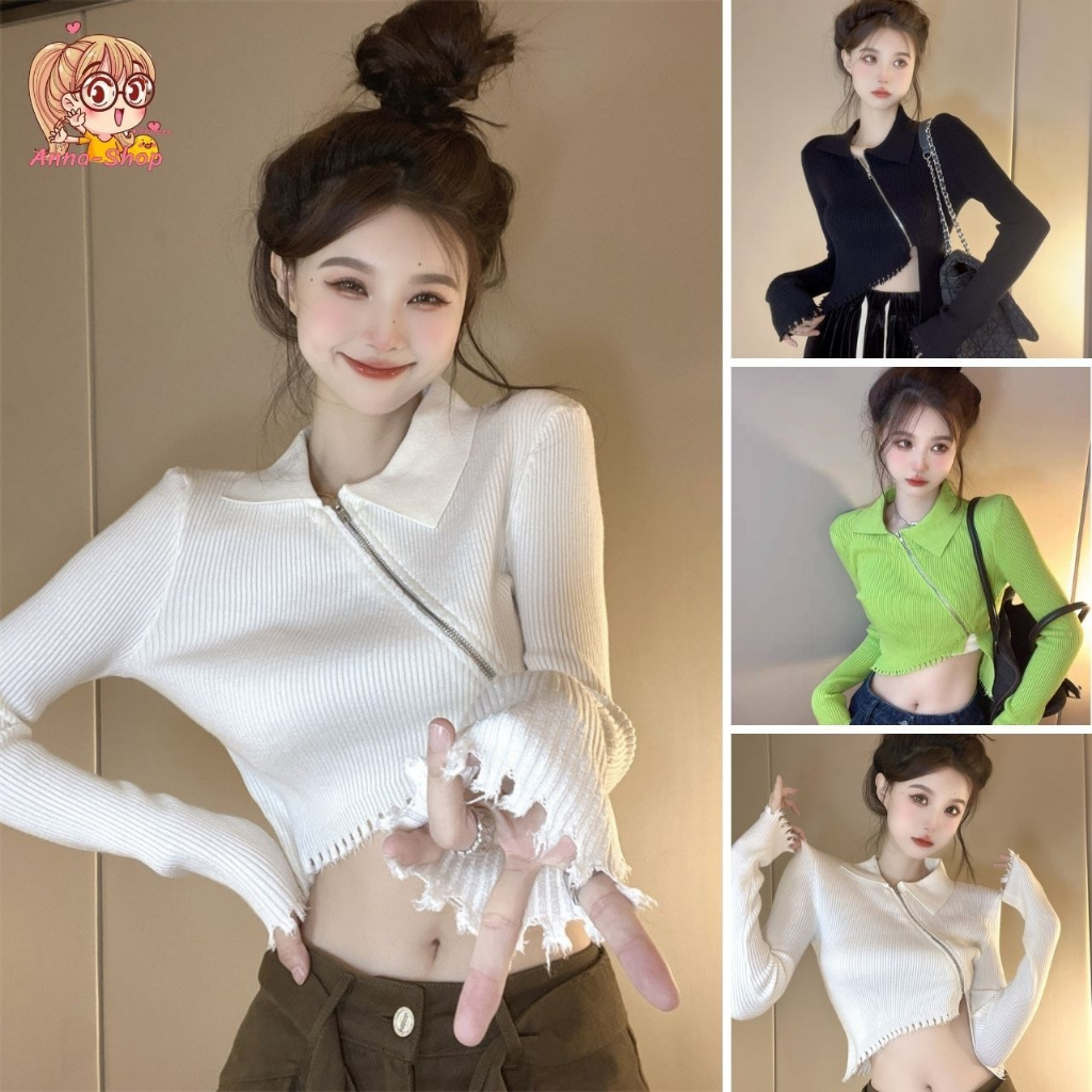 annacny เสื้อไหมพรม แขนยาวคอปก แต่งซิปหน้า งานเซ็กซี่ สวยมาก เสื้อแฟชั่นวัยรุ่น TS71028