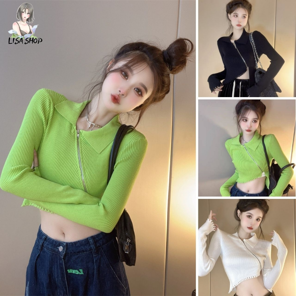 เสื้อไหมพรม สีพื้น ขนยาวคอปก แต่งซิปหน้า งานเซ็กซี่ สวยมาก เสื้อแฟชั่นวัยรุ่น TS71028