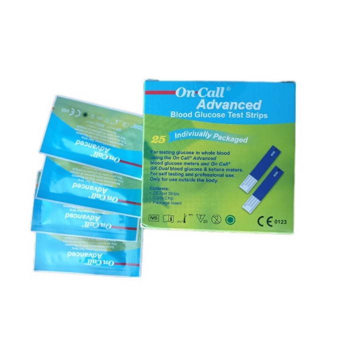 ของแท้แผ่นตรวจน้ำตาล on call advanced แบบซอง 25 ชิ้น มาตรฐานเยอรมัน