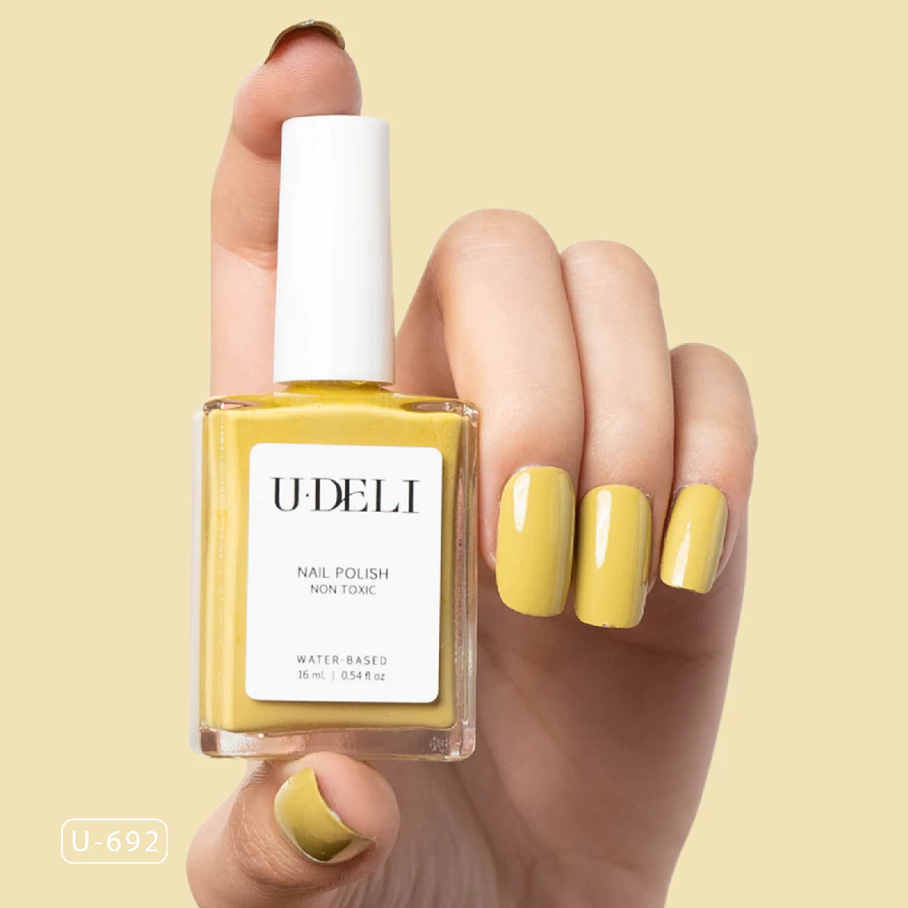 สีทาเล็บกึ่งเจล (ไม่อบ) U-DELI U-692 Vegan Nailpolish ไร้กลิ่นฉุน16ml Yellow Pastel Pigmetแน่น สีสวย