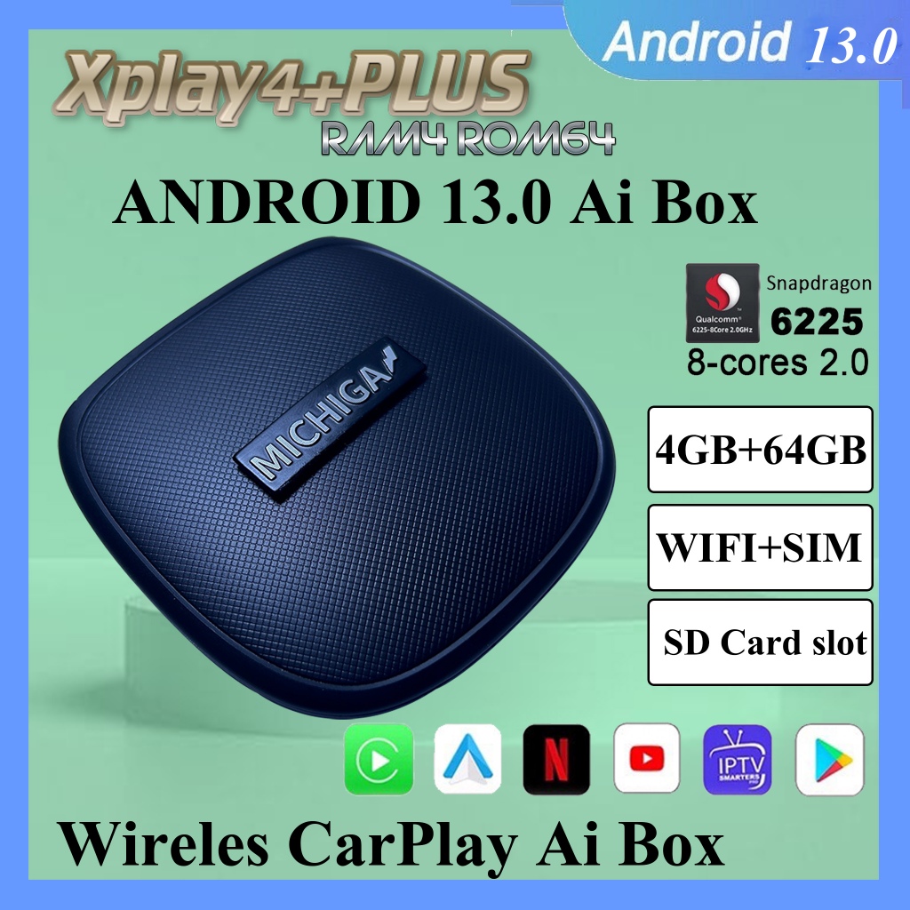 กล่อง carplay ai box MICHIGA รุ่นXplay4PLUS RAm4 ROM64 Android 13.0 Qualcomm SM6225 8-Core ใช้ได้กับวิทยุที่มี Carplay
