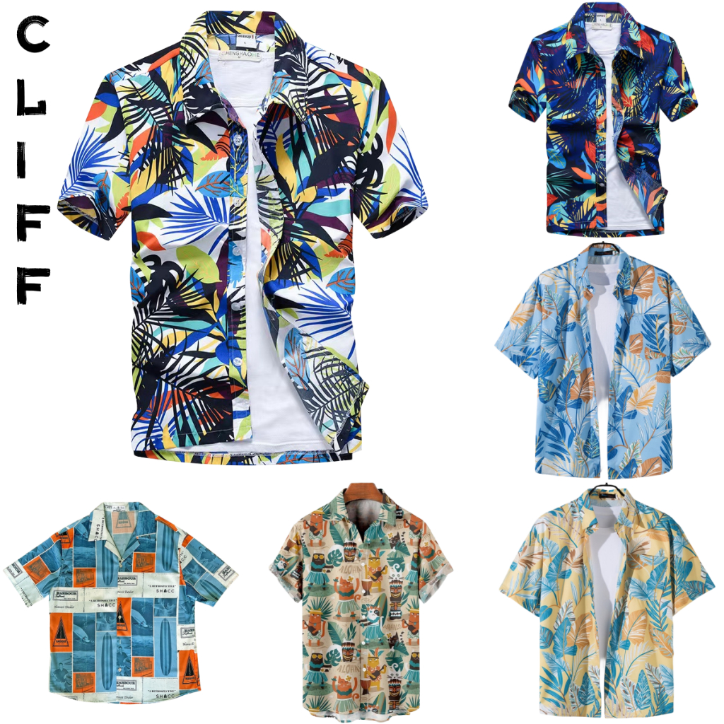 CLIFF เสื้อแขนสั้น สไตล์ชายหาดฮาวาย หลายรูปแบบ เวลาว่าง ผู้ชายและผู้หญิงสามารถสวมใส่ได้ ไม่จำเป็นต้องรีด