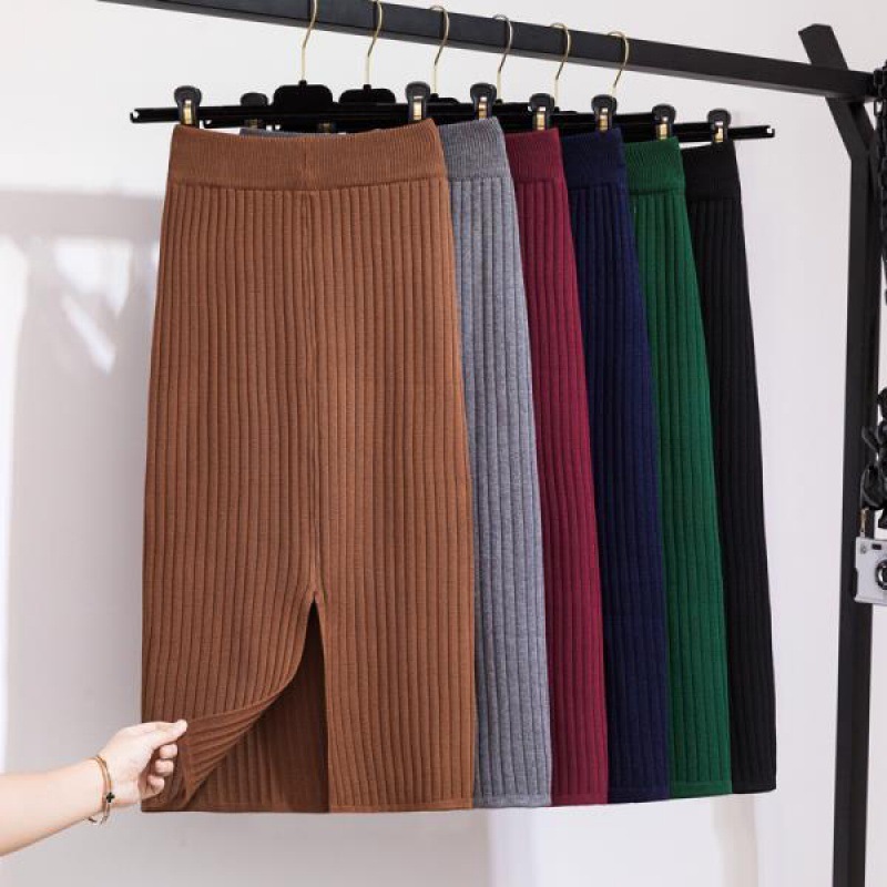 กป375 (พร้อมส่ง)กระโปรงไหมพรม เอวสูง ผ่าข้าง skirt กระโปรงยาวคลุมเข่า ทรงดินสอ ผ้าไม่บาง