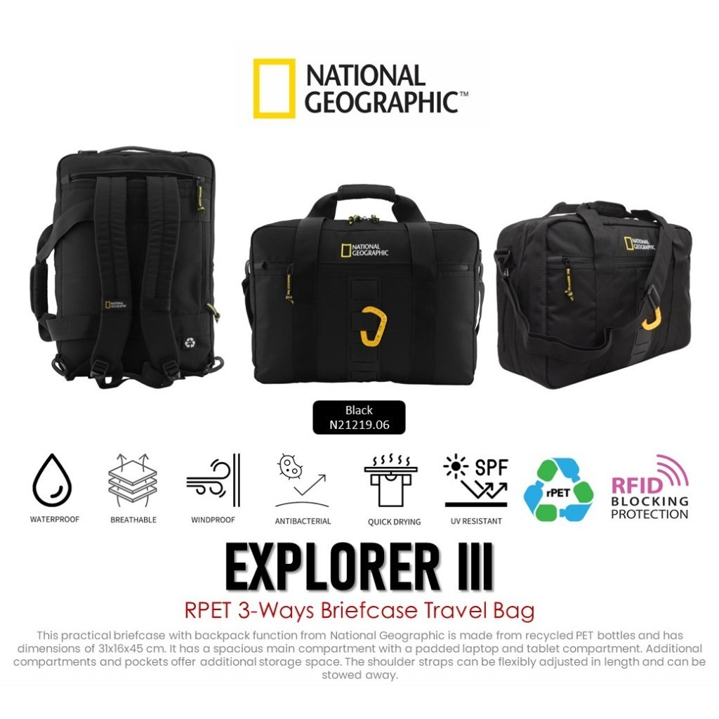 NATIONAL GEOGRAPHIC Explorer III RPET 3-Ways Briefcase Travel Bag (N21219.06) กระเป๋า สำหรับการเดินทาง สะพายหลัง-ข้าง
