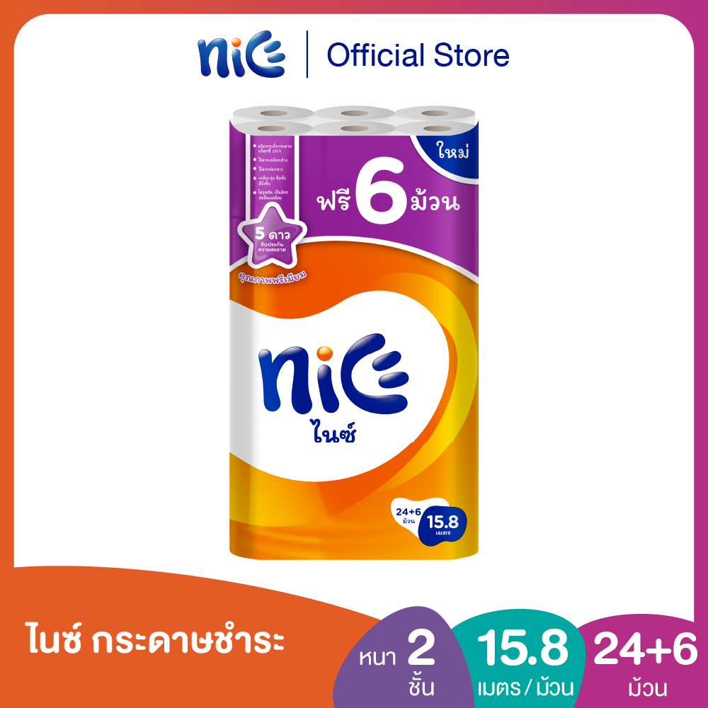 Nice ไนซ์ กระดาษชำระ ขนาด 24+6ม้วน (15.8ม./ม้วน) (ทิชชู่ กระดาษทิชชู่ ทิชชู่ม้วนใหญ่)