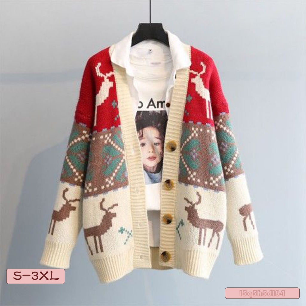 เสื้อสเวตเตอร์คาร์ดิแกนสไตล์เกาหลีหลวมหนาสีแดงกวาง Jacquard Retro ถัก