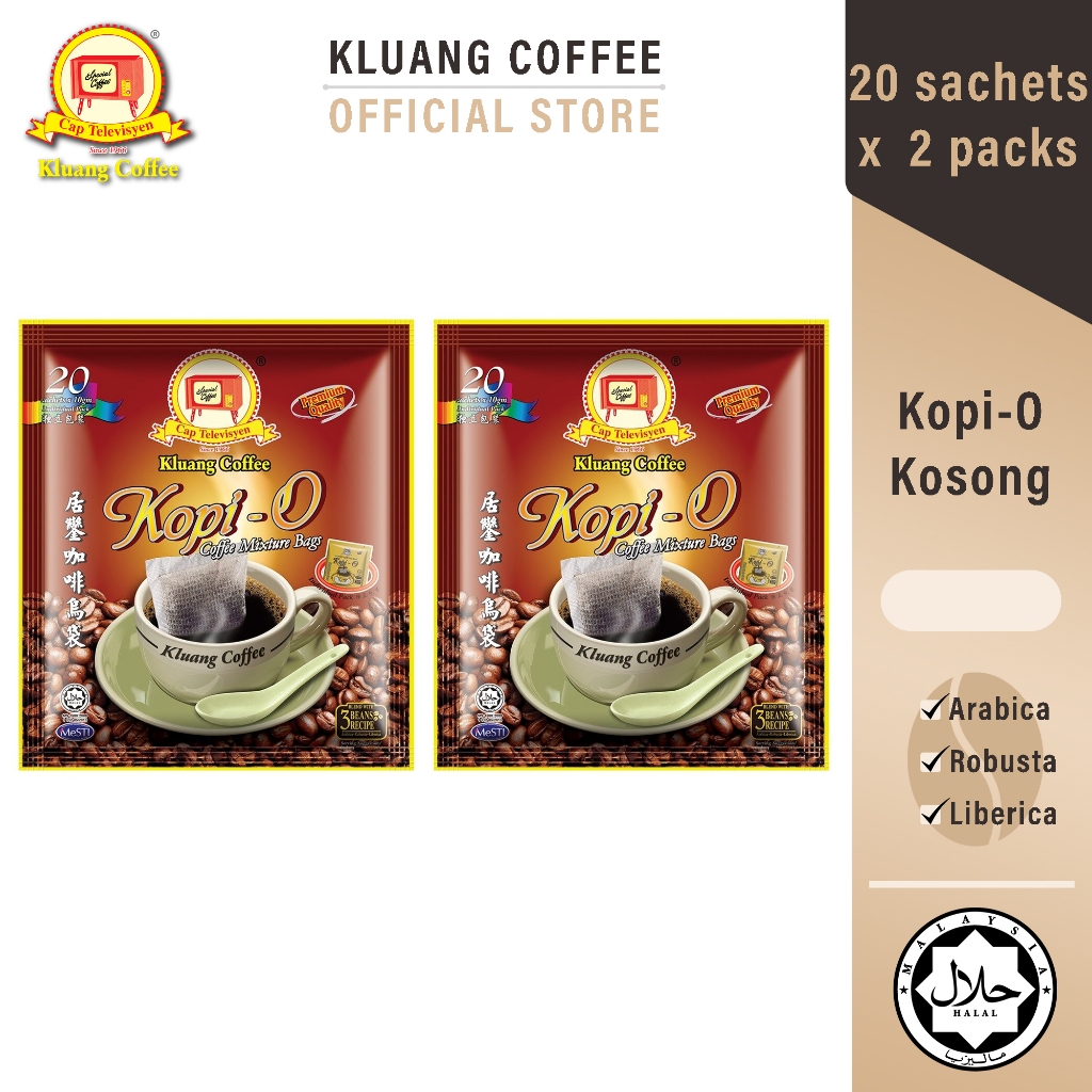 กาแฟดำโกปี้โอ​​ สูตรไม่มีน้ำตาล​ ยี่ห้อกลวงคอฟฟี่​ 2 แพ็ค​ Kluang Black Coffee Kopi-O Kosong (20 ซอง