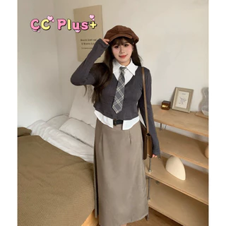 CiCi Plus+(J875)เสื้อแขนยาวไหมพรม ดีเทลเชิ้ตเย็บติดกัน มาพร้อมเนคไทด์ แฟชั่นหน้าหนาว สไตล์สาวพลัสไซส์