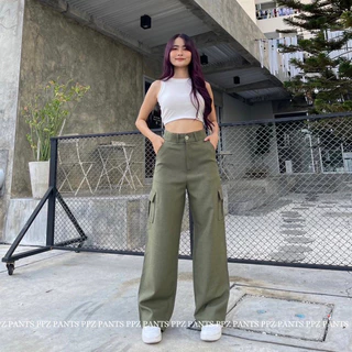 S-3XL🌵กางเกงคาร์โก้ ขากระบอก เอวสูง กระดุมหน้า กางเกงคาร์โก้ผู้หญิง