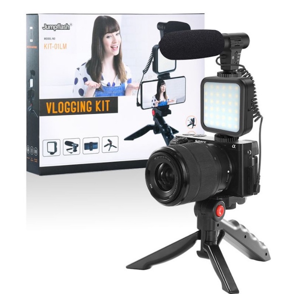 KIT-01LM Tripod Phone Holder Fill Light Microphone Kit Vlog Live Streaming Kit Extend Tripod Vertica