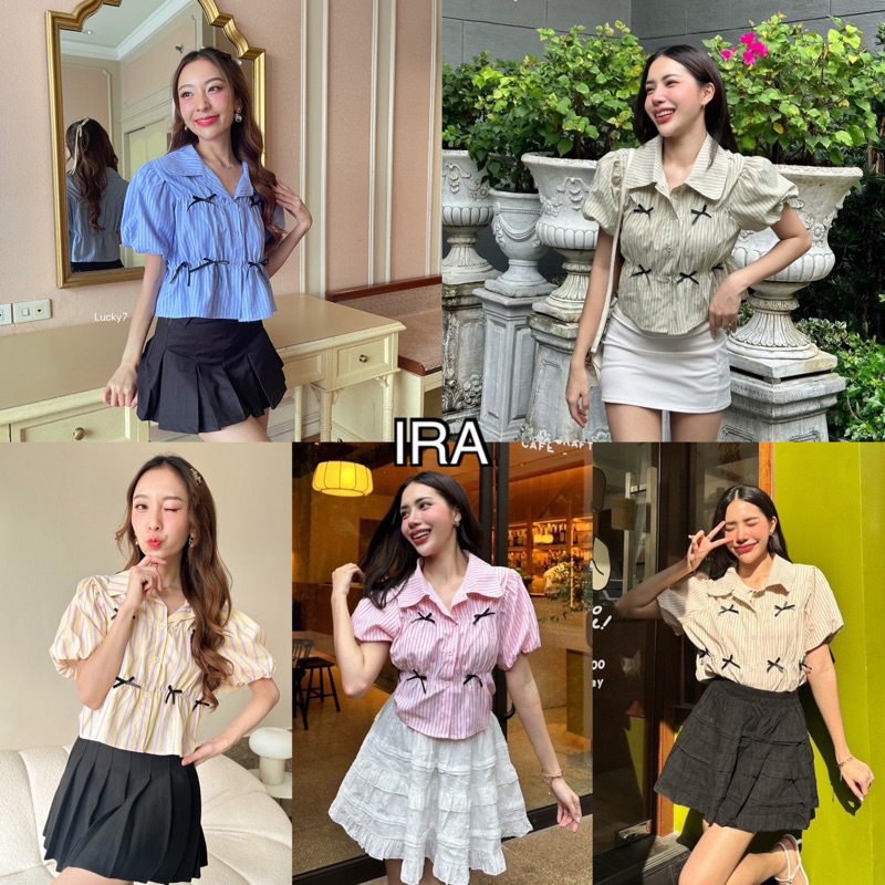BY IRA (252)Cute Ribbon Top เสื้อเชิ้ตลายทางเเขนตุ๊กตาติดโบว์