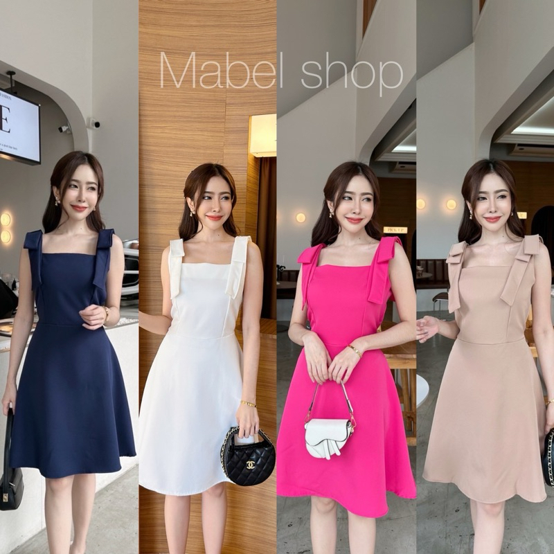 เดรสสายเดี่ยวแต่งโบว์ไหล่ งานผ้าบารืบี้ ป้าย mabel
