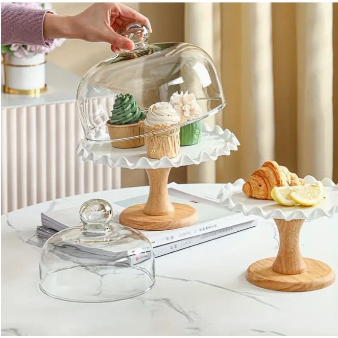 ชั้นวางเค้ก Cake Stand with Dome จานจีบขาว ดีไวส์สวย ชั้นโชว์เค้ก ขนมหวาน งานสังสรรค์ งานรื่นเริง