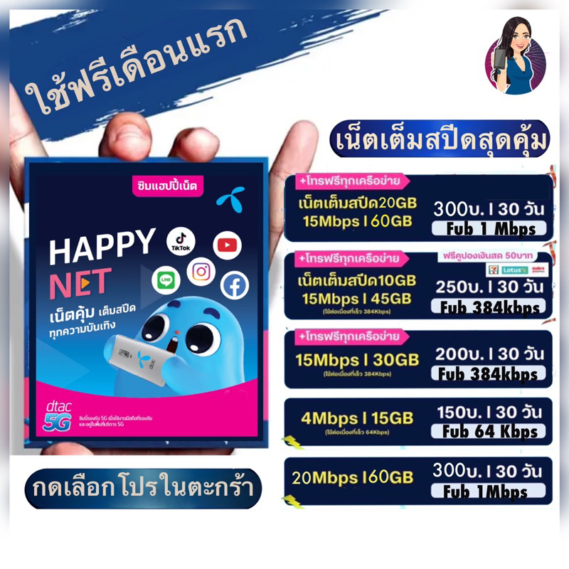 อินเตอร์เน็ตซิม happy by Dtac 4Mbps. 15Mbps , 20Mbps กดเลือกโปรในตะกร้า เดือนแรกฟรี