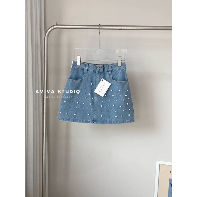 Aviva studio 🩵🤍 กางเกงกระโปรงยีนส์แต่งหมุดมุก