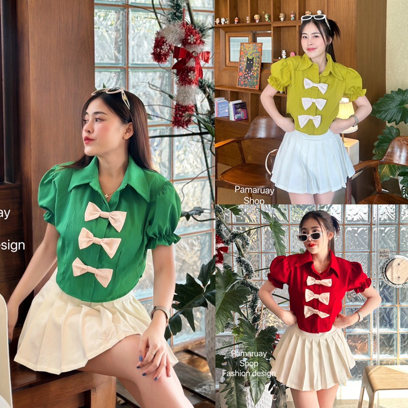 Sunny เสื้อครอปแขนจั๊มตุ๊กตา แต่งโบว์หน้า3ชิ้น 7สี สวยมากกก