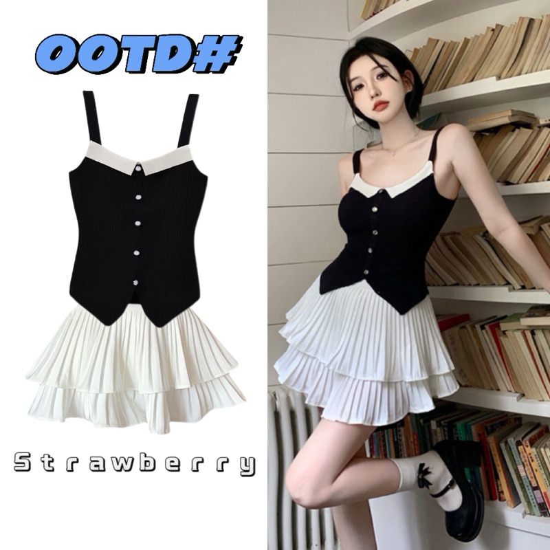 🧁พร้อมส่ง🧁เสื้อเซ็ท2ชิ้น ชุดเจ้าหญิง🫶🏻ดูแพง ชุดไปทะเล เสื้อสายเดี่ยว+กระโปรงสั้น ทรงไฮโซ น่ารักเซ็กซี่เบาๆ สำหรับผู้หญิง