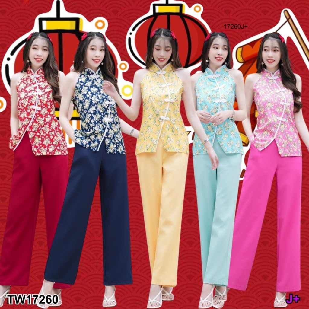 TwinsShopVip พร้อมส่ง TW17260 set 2 ชิ้น เสื้อเปิดไหล่คอจีนซิปหลัง แต่งกระดุมจีน