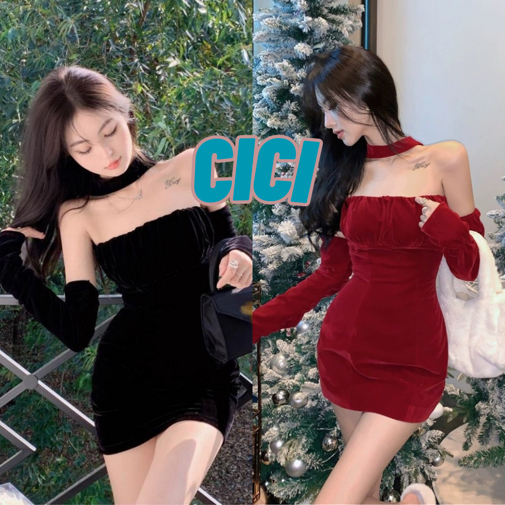 Cici(NO.3177)มินิเดรสเกาะอกคล้องคอ ผ้ากำมะหยี่ พร้อมบราในตัวมีซับใน ซิปหลัง มาพร้อมปอกแขน ดีไซส์หรูหรา สไตล์ฝรั่งเศษ
