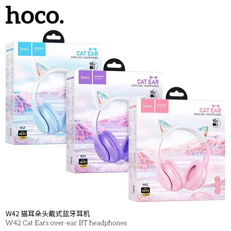 Hoco W42 Cat Ears over-ear headphone หูฟังบลูทูธไร้สาย มีไฟ LED รองรับการเชื่อมต่อ TF Card / 3.5 AUX