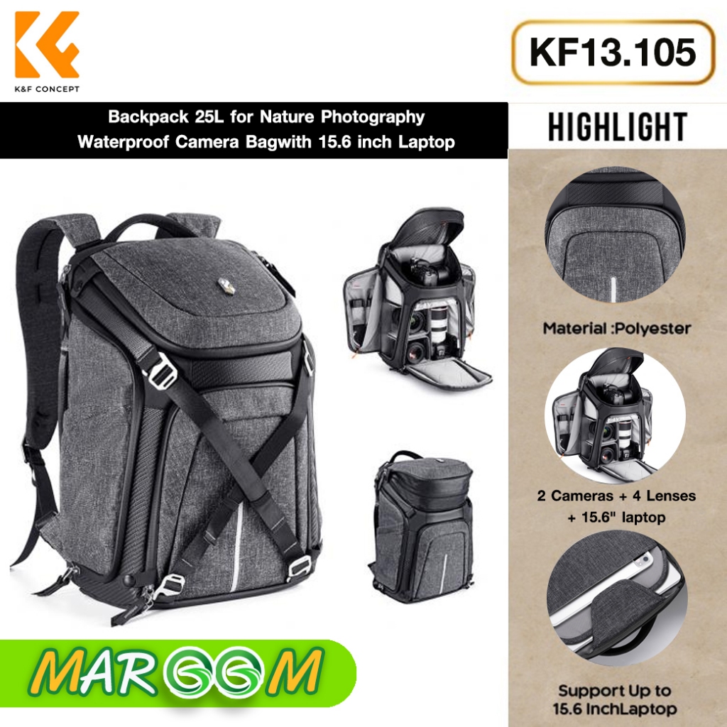 K&amp;F Concept Alpha Backpack 25L for Nature Photography Waterproof Camera Bag with 15.6 inch Laptop (KF13.105)