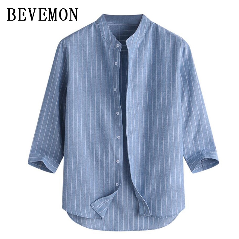[พร้อมส่ง]เสื้อเชิ้ตผ้าลินิน，สำหรับผู้ชาย เสื้อเชิ้ตคอจีนแขนยาว，ลายทางแนวตั้ง