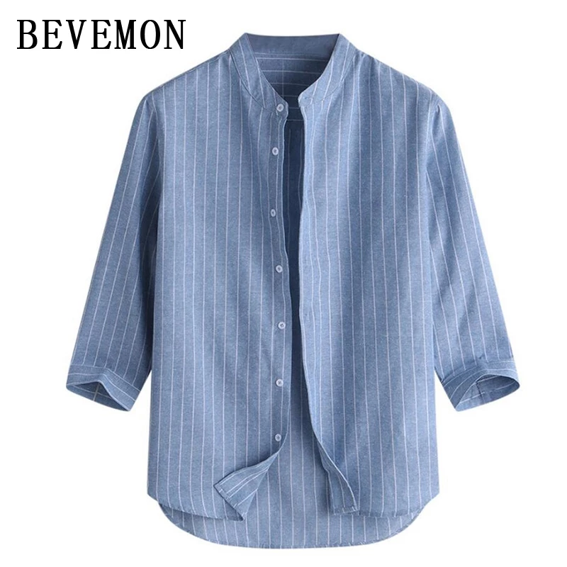 [พร้อมส่ง]เสื้อเชิ้ตผ้าลินิน，สำหรับผู้ชาย เสื้อเชิ้ตคอจีนแขนยาว，ลายทางแนวตั้ง