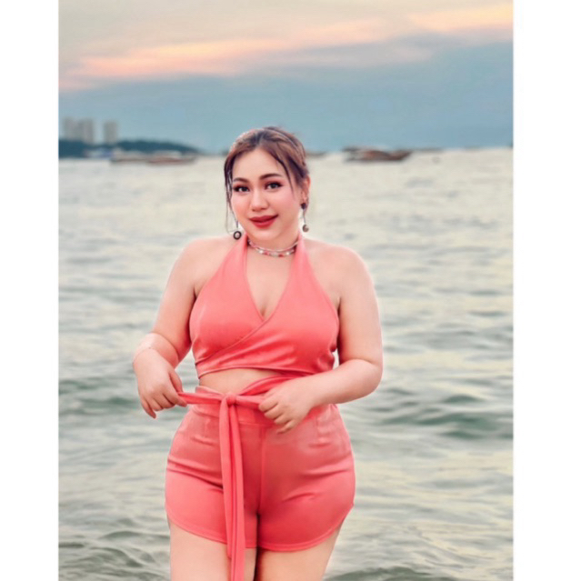 Plus size ชุดเซ็ท2ชิ้น  บรา+กางเกงขาสั้น ผ้าสคูบา รุ่นพันเอว **ลงน้ำได้ 100KG (M50)