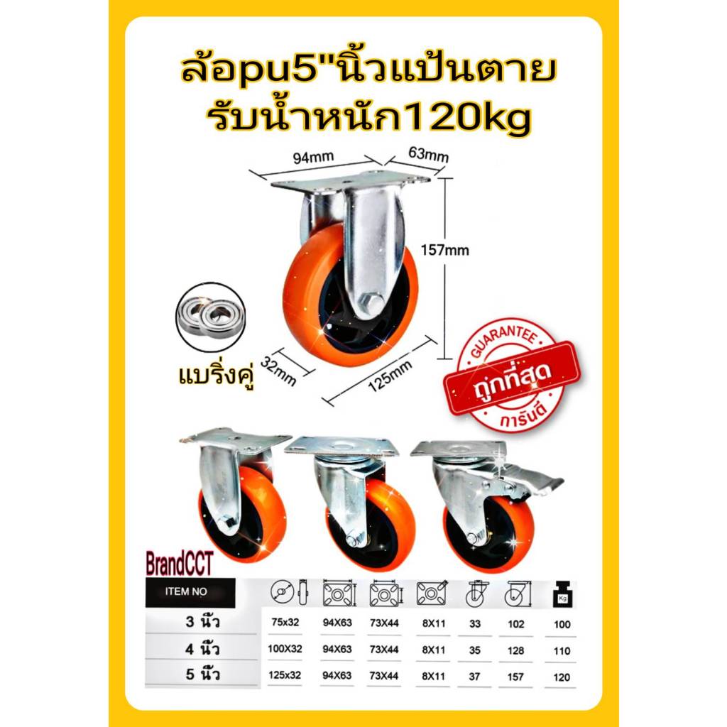 ล้อรถเข็น PU สีส้ม แป้นตาย ขนาด 5 นิ้ว (แป้นS)