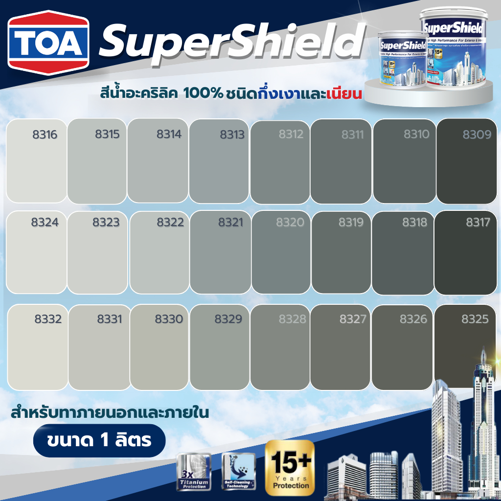 TOA ทีโอเอ ซุปเปอร์ชิลด์ สีทาบ้านภายในและภายนอก สีเทา ขนาด 1 ลิตร (1/4 แกลลอน) ทนทาน 15ปี เช็ดล้างได