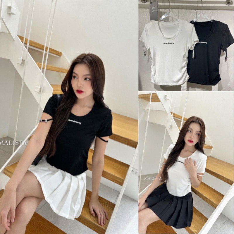 ส่งแมส Axw t-shirts เสื้อคอกลมแต่งปลายแขนตัวหนังสือเพชร วิบๆวับๆ เก๋ๆชิคๆ เนื้อผ้าร่องใส่สบาย