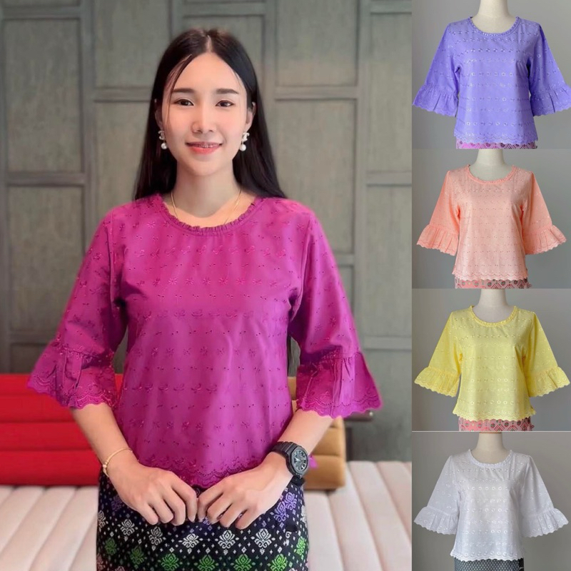 เสื้อลูกไม้คอปาดซิปข้างแขนสามส่วนระบาย มีไซส์ 34“-48”