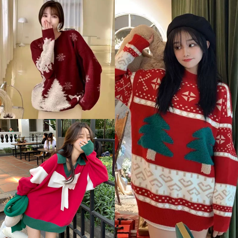 สเวตเตอร์ผ้าไหมพรมหนา ลายคริสมาสต์ ใส่กันแดดกันลมได้หนาวได้หมด ใส่ได้ทุกสภาพอากาศ สาวอวบใส่ได้ รุ่น คริสมาสต์เซต1
