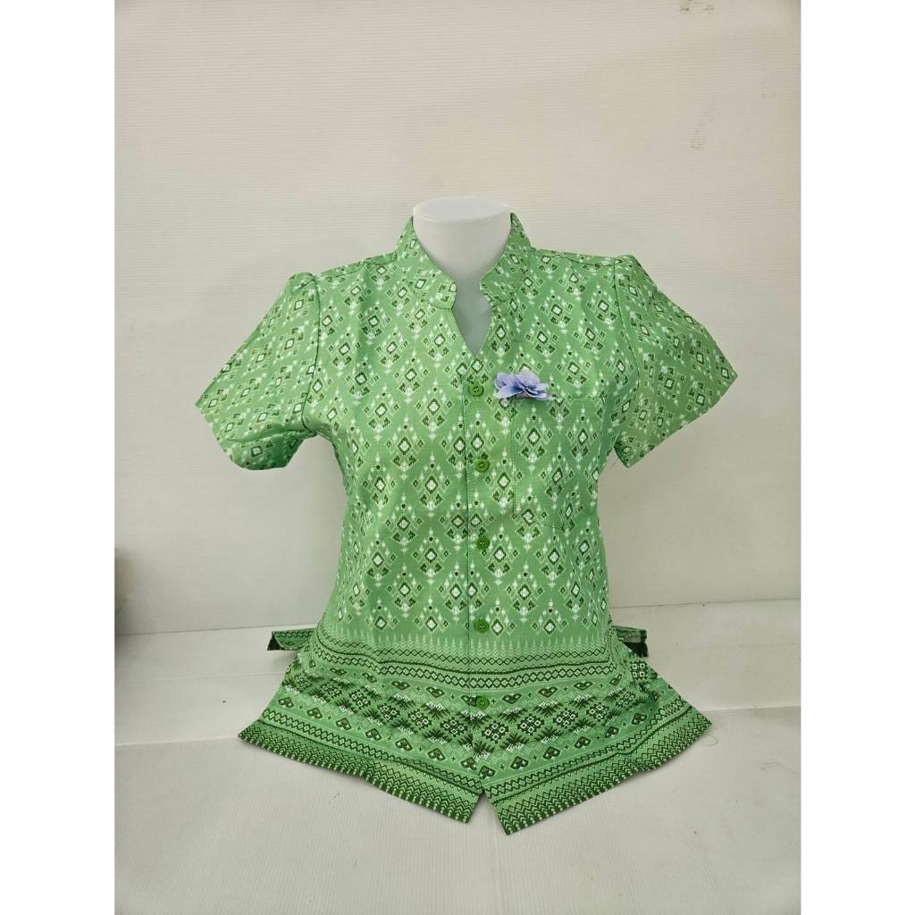 เสื้อลายไทยคอจีน - สีเขียว ผู้หญิง