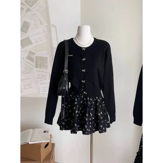 Cicishop(A1798+J880+J899)Bow Set เสื้อไหมพรมแขนยาวกระดุมโบว์+กระโปรงสั้น/ยาว ชายระบายลายโบว์ ใส่แมตช์น่ารัก