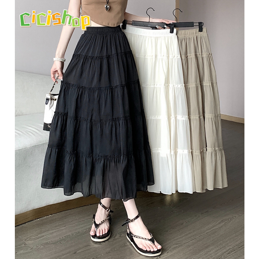 ซื้อ Cicishop(907)Layer  Skirts กระโปรงยาวผ้าชีฟองสีพื้น ใส่สบาย สไตล์โบฮี่เมี่ยน สุดชิค