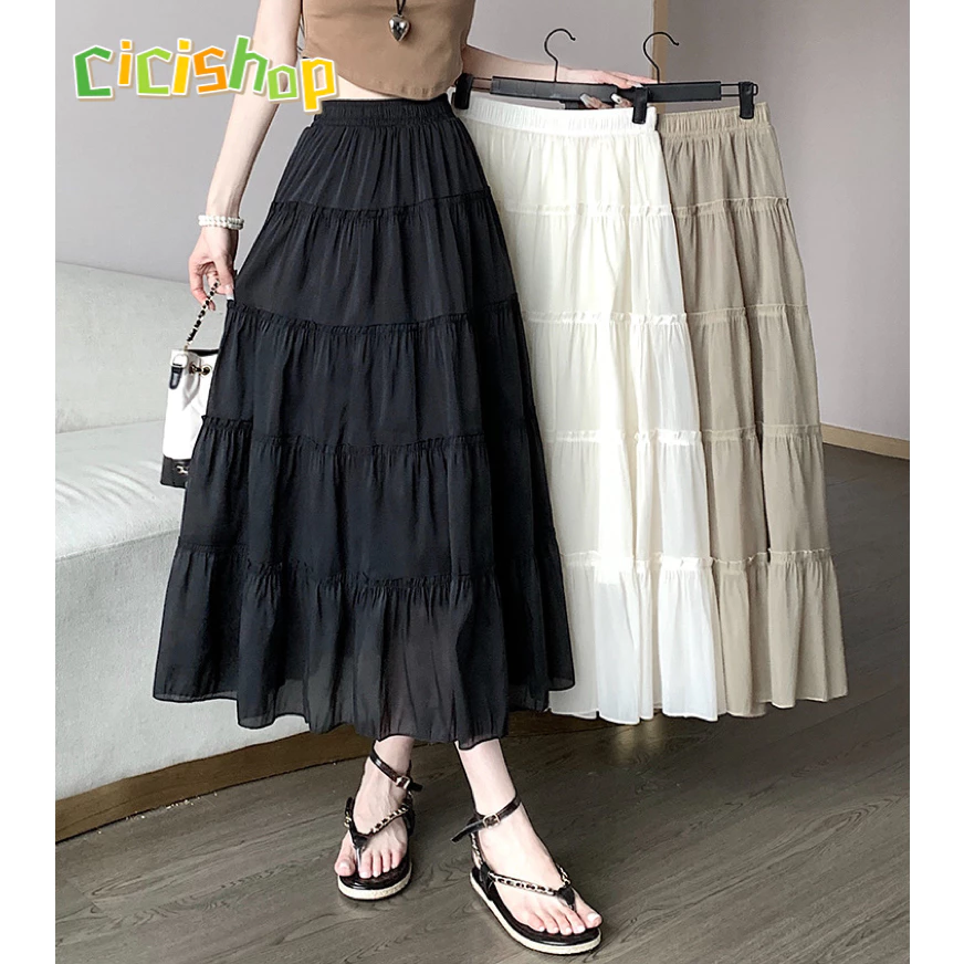 Cicishop(907)Layer Skirts กระโปรงยาวผ้าชีฟองสีพื้น ใส่สบาย สไตล์โบฮี่เมี่ยน สุดชิค