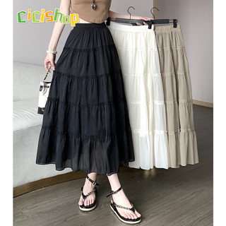 Cicishop(907)Layer  Skirts กระโปรงยาวผ้าชีฟองสีพื้น ใส่สบาย …