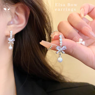 MNL💗ต่างหูแบบแป้น Elsa Bow โบว์เพชรประดับมุก เครื่องประดับผู้หญิง แฟชั่นเงินแท้ ไม่ลอกดำ มินิมอล เกาหลี ของขวัญ วันเกิด