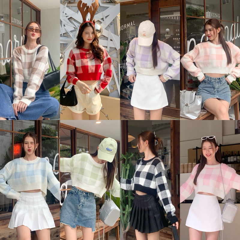 3pcs.basket “S2146” Gingham Mini Sweater