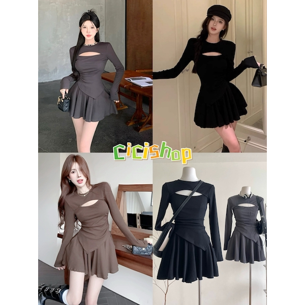 Cicishop(J800)SET2ชิ้น เสื้อเเขนยาว+กระโรงสั้น ดีเทลเสื้อเว้าอก กระโปรงมีซับในกางเกง ผ้ายืด ใส่สบายสไตล์เกาหลี
