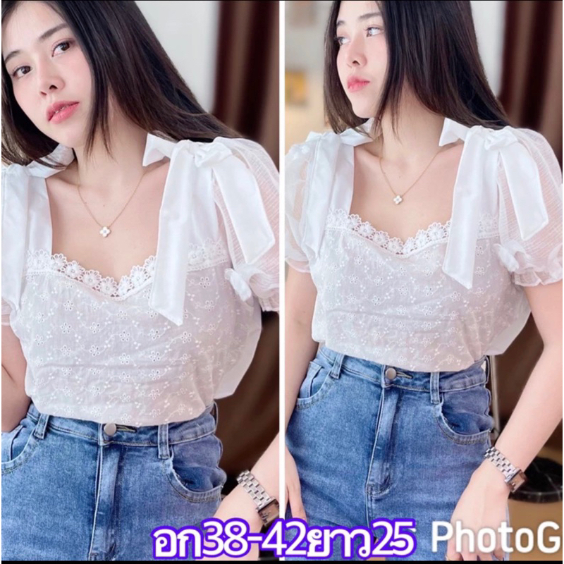 เสื้อผ้าฉลุTC แต่งโบว์ไหล่แขนสั้นเก๋ๆ