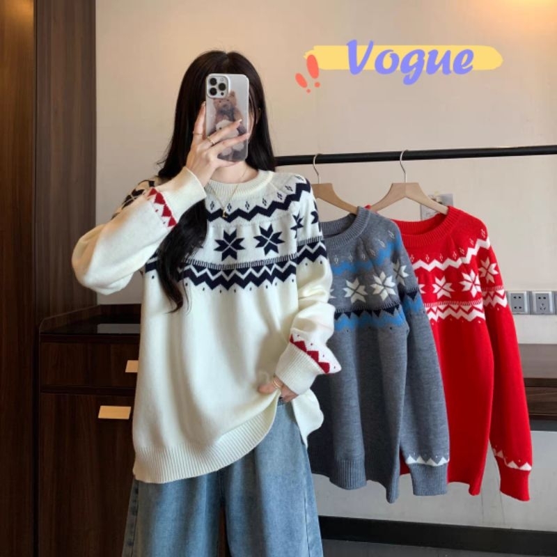Vogue🌟พร้อมส่ง🌟 เสื้อสเวตเตอร์แขนยาว เสื้อสเวตเตอร์ลายหลวมๆ ใหม่ (CZ390) -C