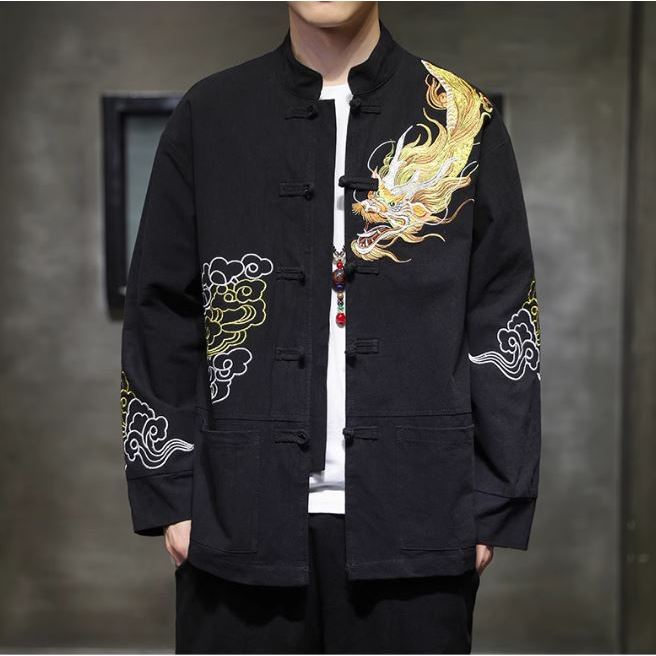 เสื้อเชิ้ตคอจีน มีซับใน ปักลายมังกร เหมาะกับเทศกาลตรุษจีนกระดุมสไตล์จีนตัวเสื้ออยู่ทรงไม่ย้วย Chinese Traditional Hanfu