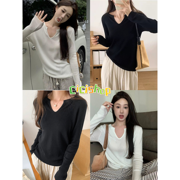 Cicishop(1623-1)เสื้อไหมพรมแขนยาวคอวี สีพื้น ผ้านิ่มใส่สบาย สไตล์เรียบๆ