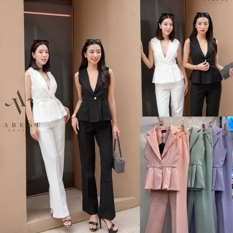 M11 งานป้าย Vabene Set ชุดเซ็ตเสื้อปกสูทแขนกุด+กางเกงขายาว สำหรับผู้หญิง เสื้อผ้าแฟชั่นผู้หญิง ไซส์ 