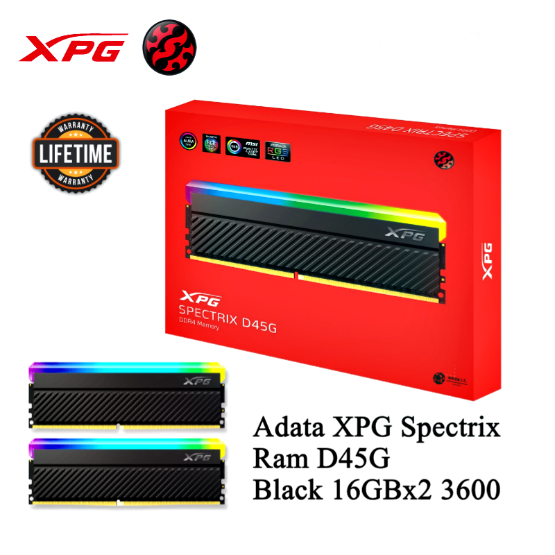 32GB (16GBx2) DDR4 3600MHz RAM (แรมพีซี) XPG Spectrix D45G RGB (XPG-U360016G18D45G)(AX4U36008G18I-DCBKD45G)