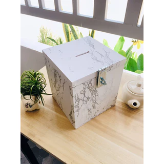 กระปุกออมสินไม้ลายไม้สักทอง และลายหินอ่อน กล่องไม้จริงกล่องTipbox ขนาด15*15*15ซม.